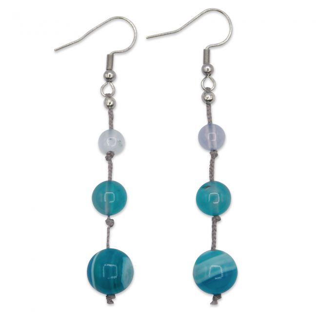 Boucles d'oreilles - 2 Agates bleues sur soie tressée grise