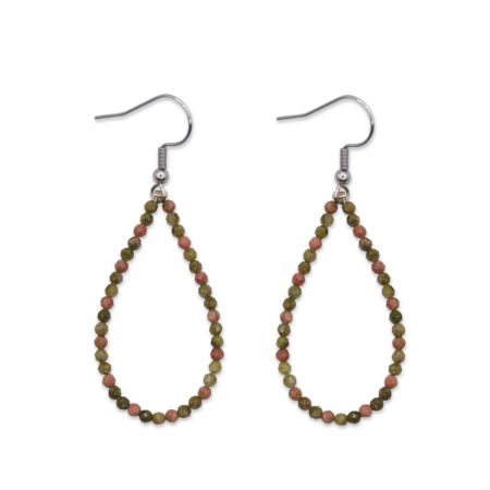 Boucles d'oreilles gouttes - Unakites vertes et roses facettées