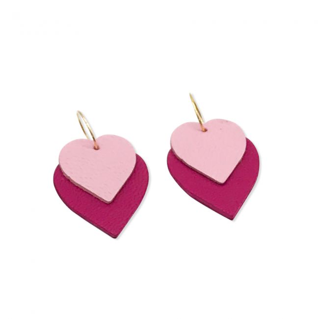 Boucles d'oreilles deux coeurs cuir et or "Love" - Rose et Fuchsia