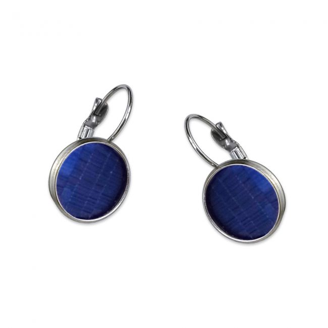 Boucles d'oreilles "dormants" argentées en marqueterie de paille - Bleu